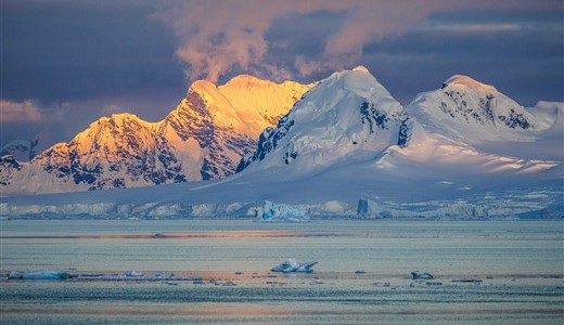 Klein sieht man Orcas im kalten Wasser der Antarktis vor einer schneebedeckten Bergkette, die teilweise von der Sonne angestrahlt wird.